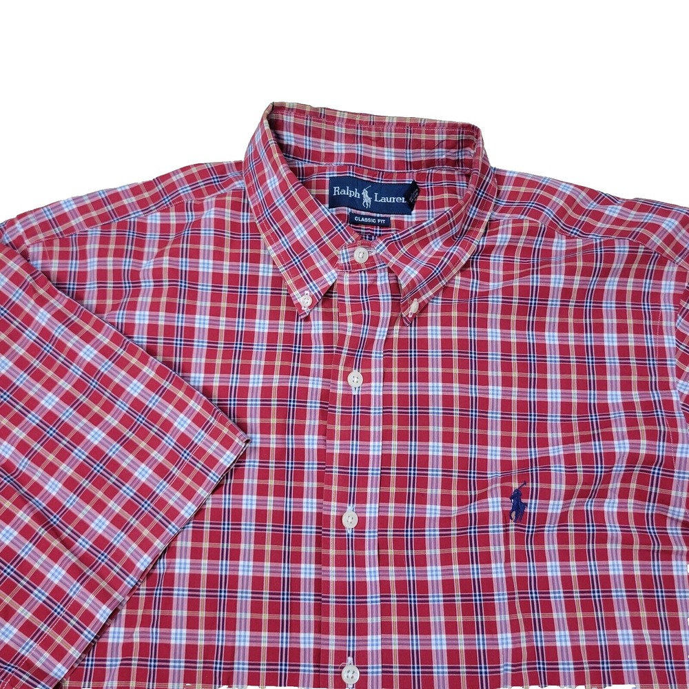 Vintage Ralph Lauren Blue Label Classic Fit Mens XL Red Plaid Blue Pony Short